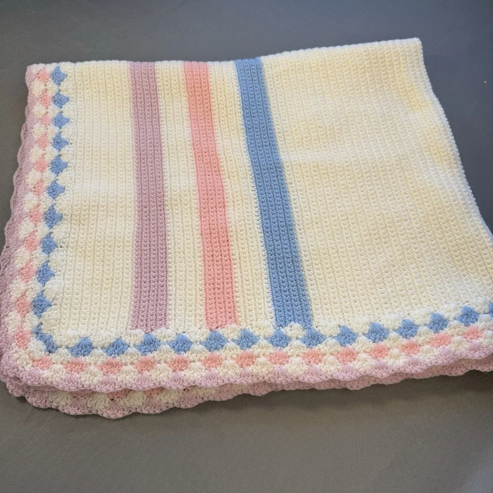Crochet BABY BLANKET AFGHAN  36 X 42 White Blue Pink Girl Or‎ Boy Beautiful!